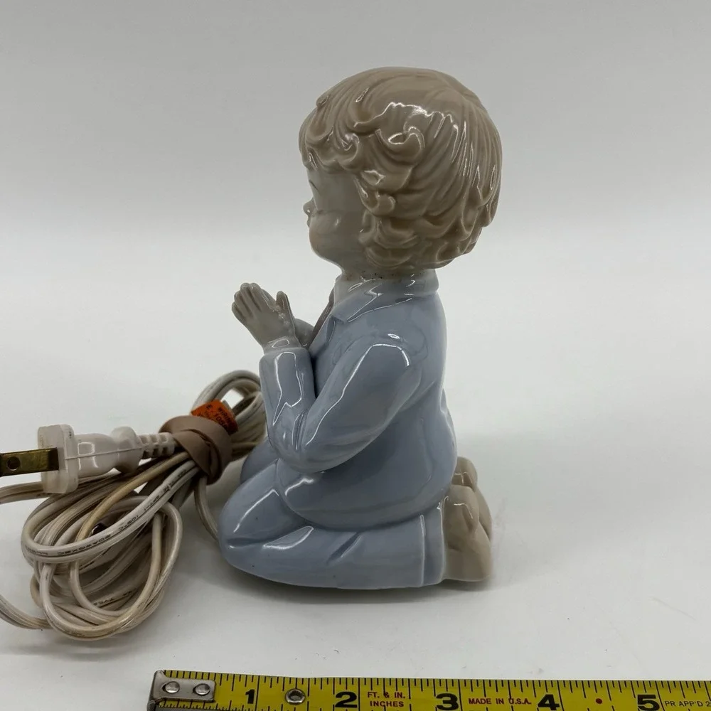 Vintage Nursery Night Light Bisque Porcelain Lamp Boy Praying Rosary